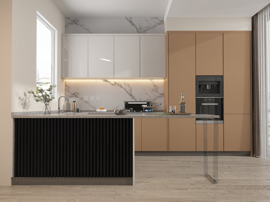 Modern kitchen island featuring black WPC fluted 3D wall panel cladding with marble backsplash