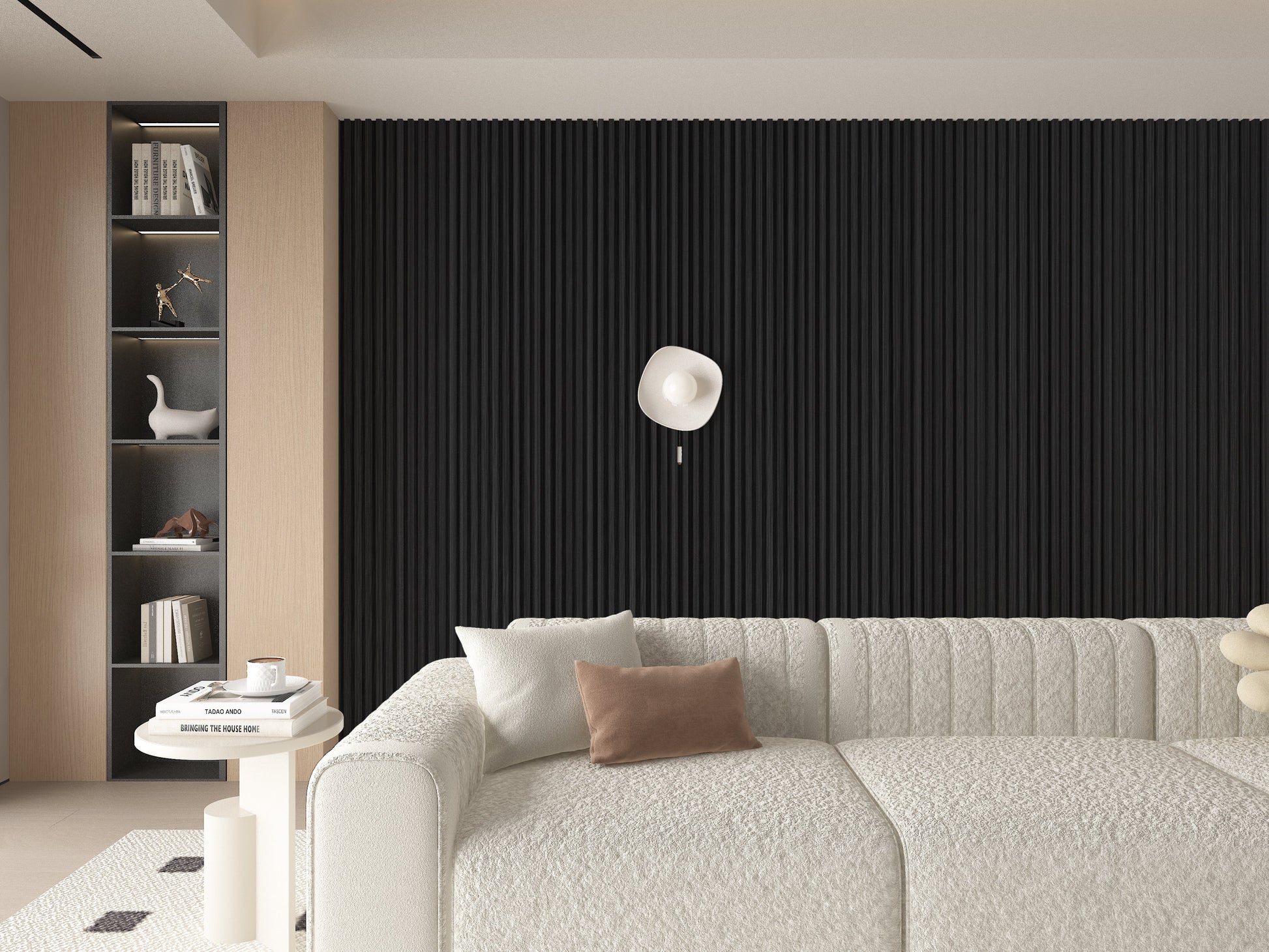 Ashen Oak WPC Fluted 3D Wall Panels. Wall Panels Hub. Living Room Design With WPC Fluted Wall Panels