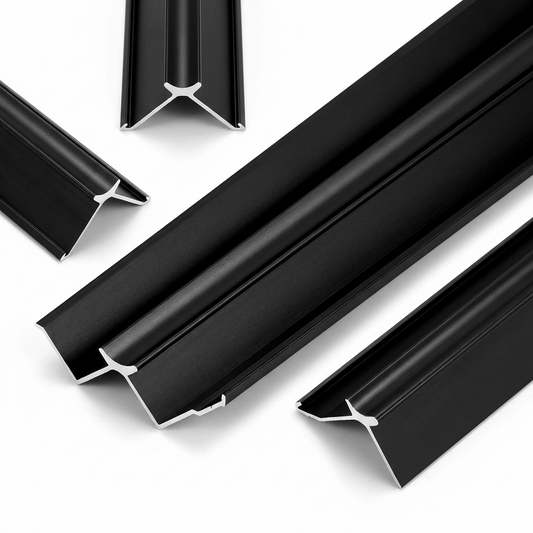Black aluminum alloy inside corner trim arranged in multiple lengths with cross-section profiles visible