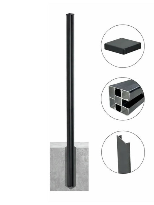 Extra-long aluminum alloy fence post in dark finish with cap and cross-section detail views