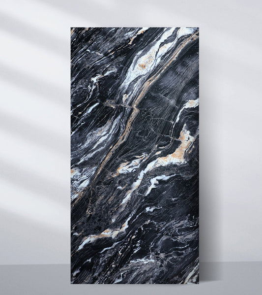 3D black marble PVC wall panel with gold veining, luxury stone texture design