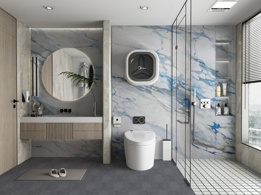 Modern bathroom interior with 3D Bluewave PVC marble wall panels featuring blue veining and glass shower enclosure