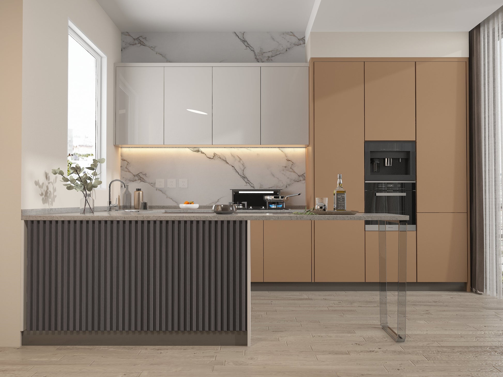 Oak Gray WPC Fluted 3D Wall Panels. Wall Panels Hub. Kitchen Design From WPC Fluted Wall Panels