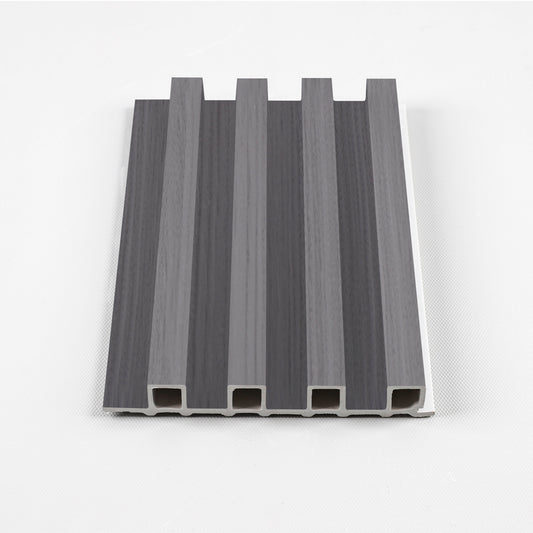Gray WPC fluted 3D wall panel with vertical slat design and wood-grain texture for modern interior wall decor
