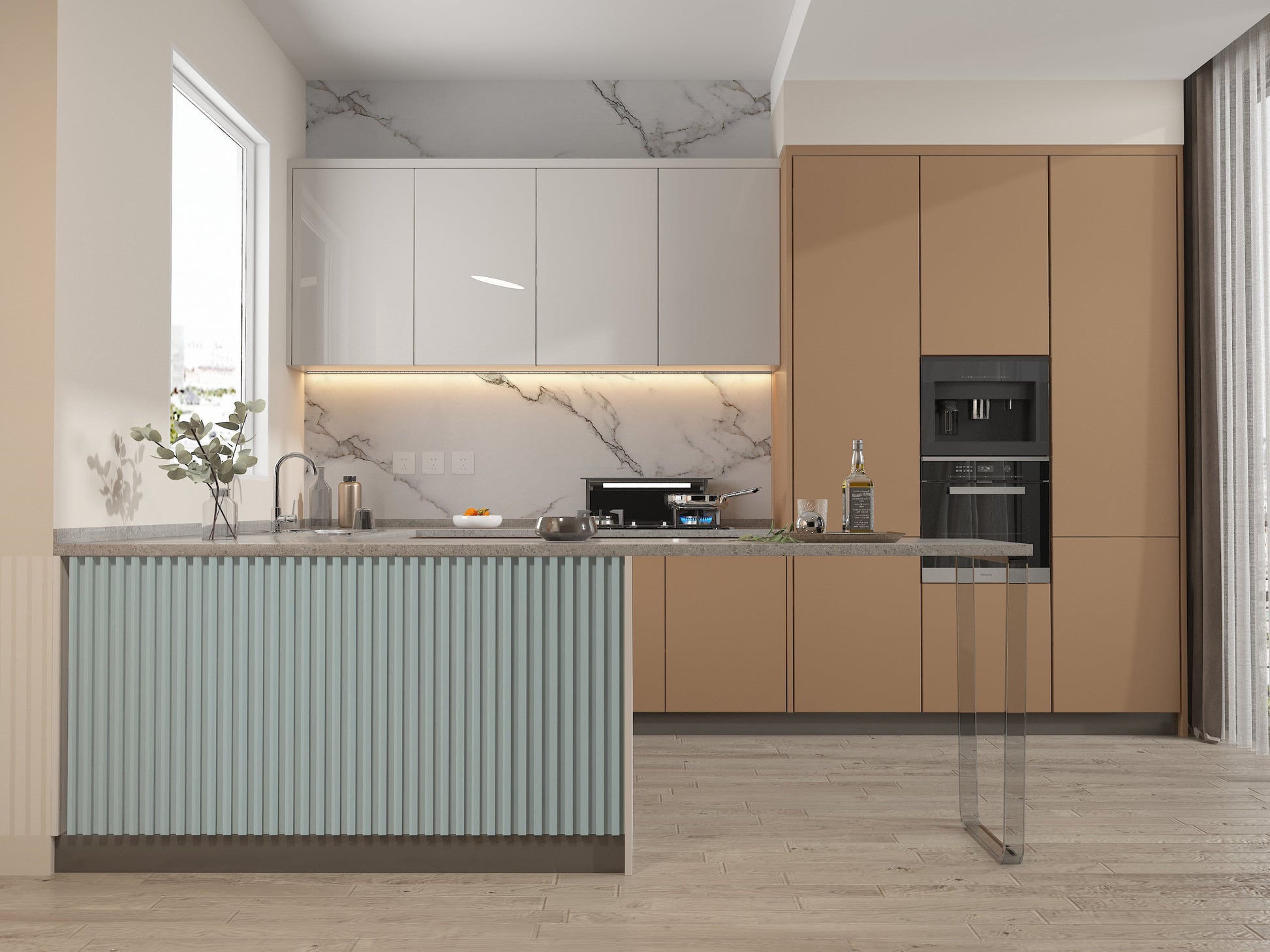 10-Pack Blue WPC Fluted 3D Wall Panels Kitchen Design