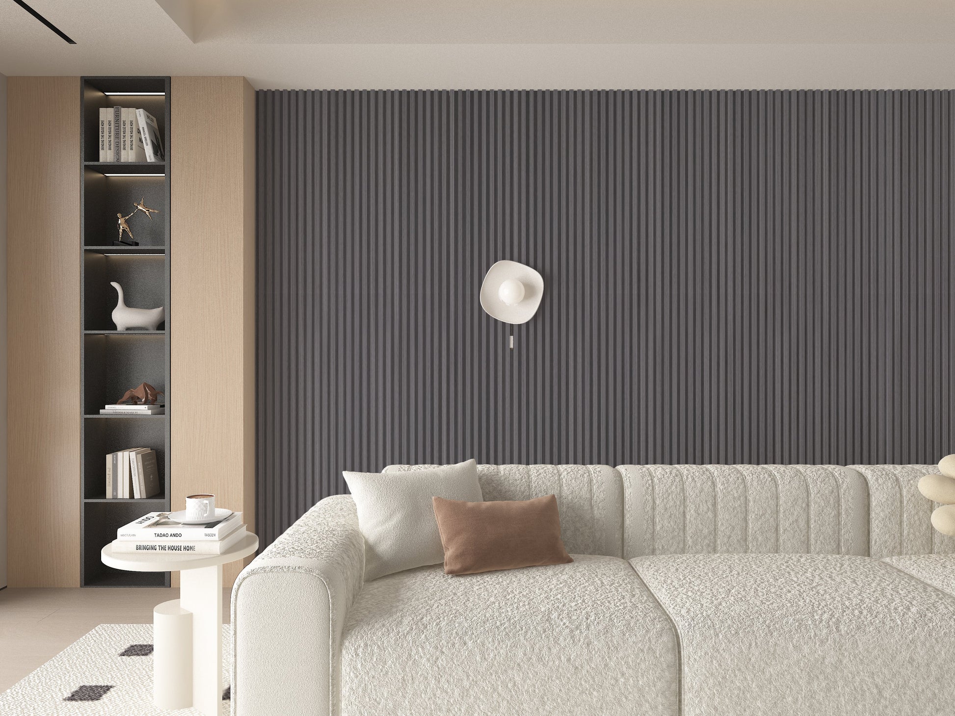Oak Gray WPC Fluted 3D Wall Panels. Wall Panels Hub. Living Room Design With WPC Fluted Wall Panels