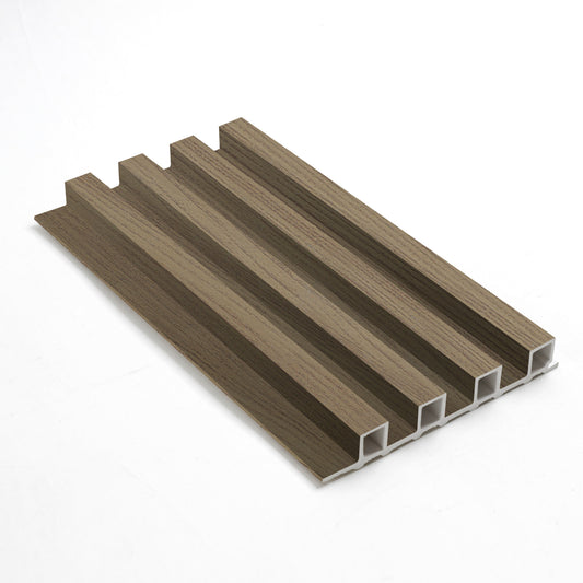 Light walnut wood-grain WPC fluted wall panel with vertical slat design and hollow core profile