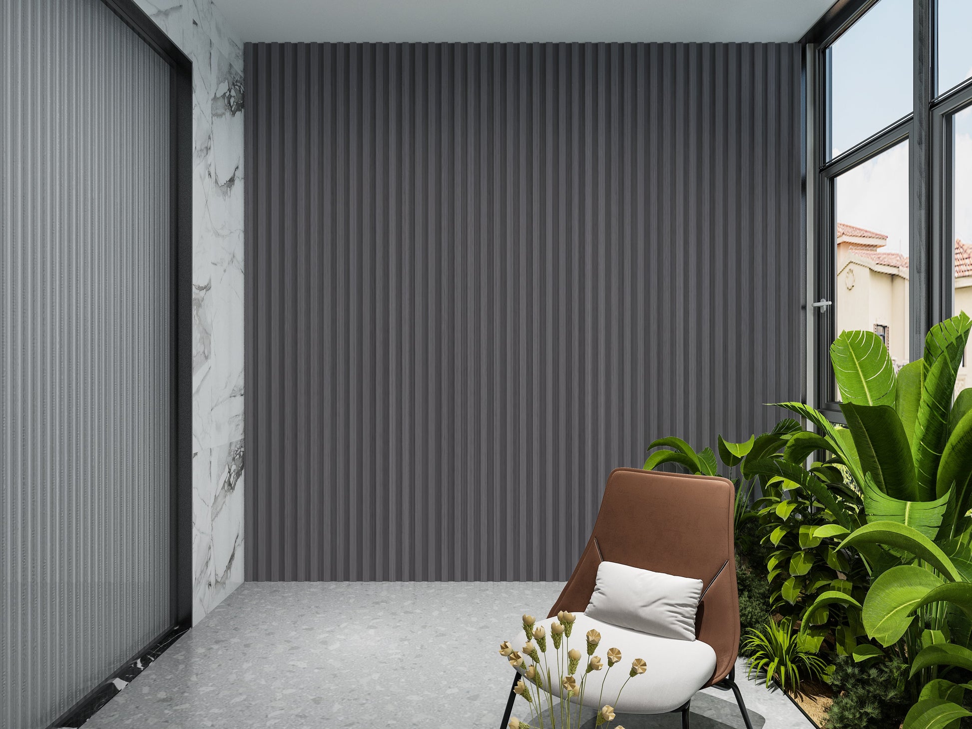 Oak Gray WPC Fluted 3D Wall Panels. Wall Panels Hub. Balcony Design With WPC Fluted Wall Panels