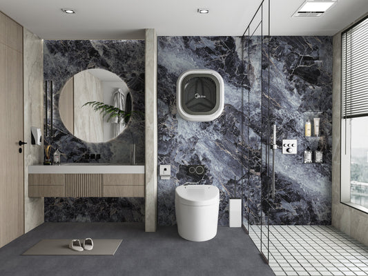 Modern bathroom interior with dark gray marble wall panels and glass shower enclosure