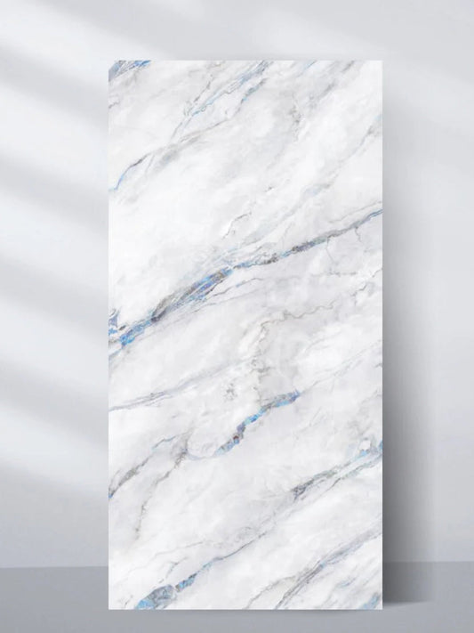 Upright 4 x 8 ft 3D Bluewave PVC marble sheet with a white surface and flowing blue-gray veining