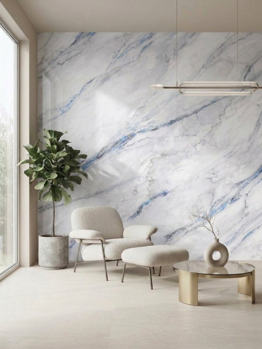 3D Bluewave PVC marble sheets forming a blue-veined feature wall in a modern lounge