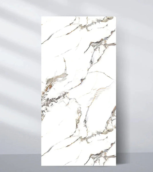 White PVC marble sheet with natural gray and gold veining for modern interior wall decor