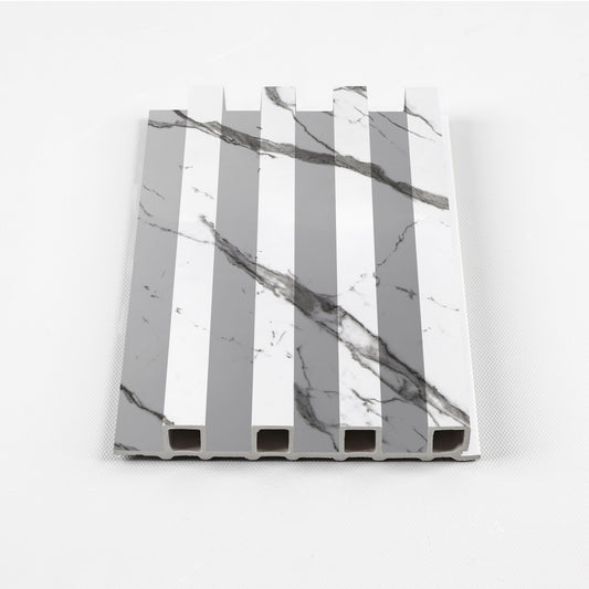White marble look WPC fluted 3D wall panel with gray veining – product close-up