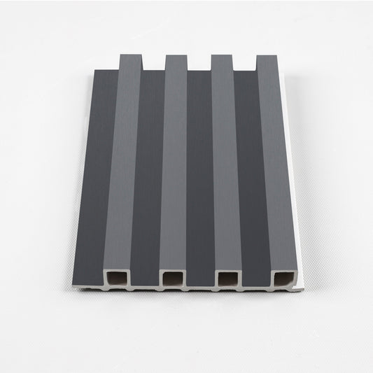 Dark gray WPC fluted wall panel with vertical slat design and hollow core structure