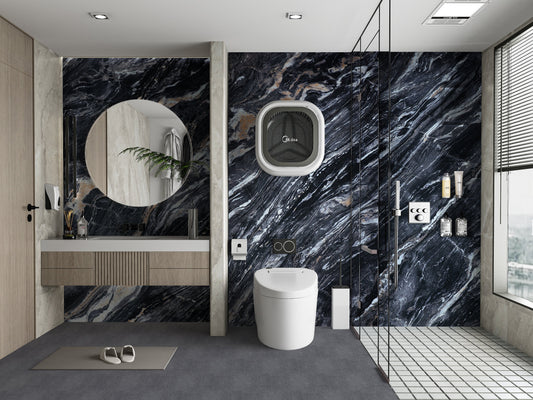 Modern bathroom with black marble PVC wall panels featuring natural stone veining and waterproof finish
