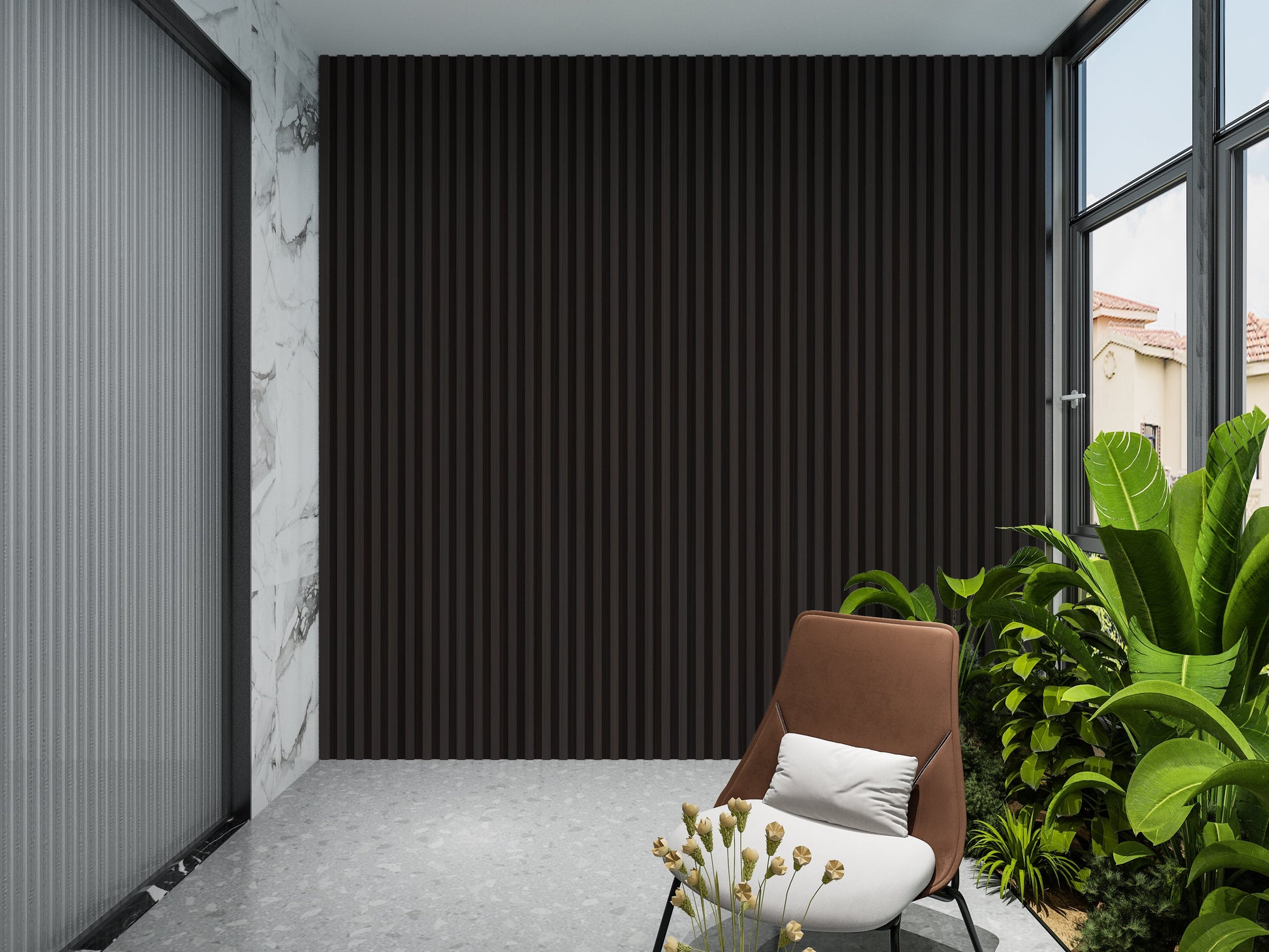 Walnut Ink WPC Fluted 3D Wall Panels. Wall Panels Hub. Balcony Design With WPC Fluted Wall Panels