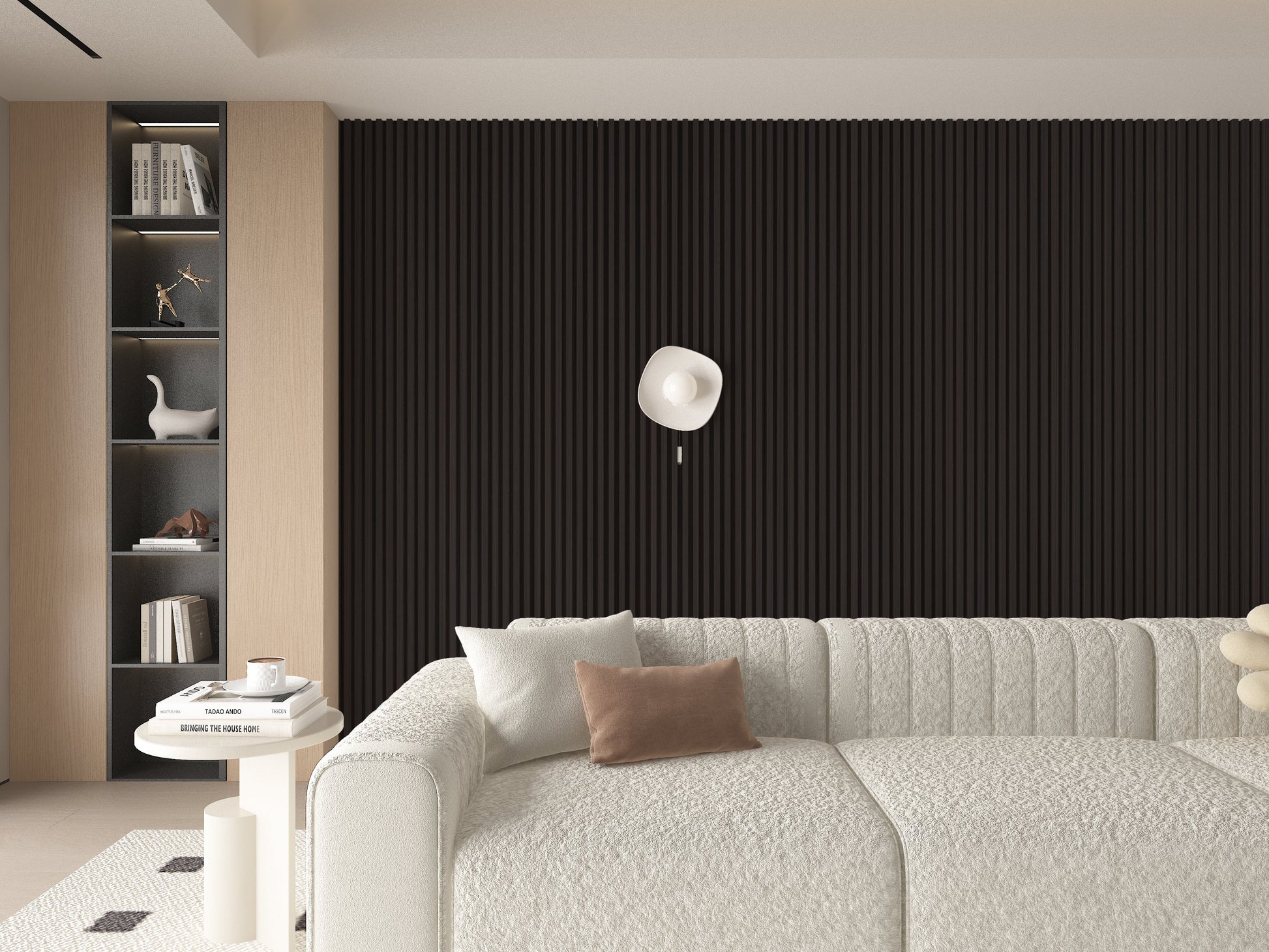 Walnut Ink WPC Fluted 3D Wall Panels. Wall Panels Hub. Living Room Design With WPC Fluted Wall Panels