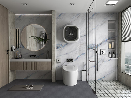 Modern bathroom interior with white PVC marble wall panels featuring blue veining and glass shower enclosure