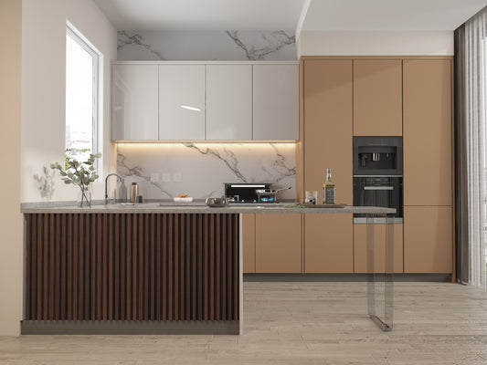 Dark Walnut WPC Fluted 3D Wall Panels. Wall Panels Hub. Kitchen Design From WPC Fluted Wall Panels