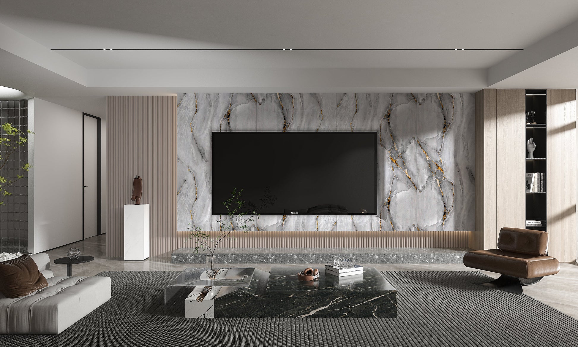 PVC 3D Marble Sheet Golden Mirage. Wall Panels Hub. Living Room With PVC Marble Sheets Design