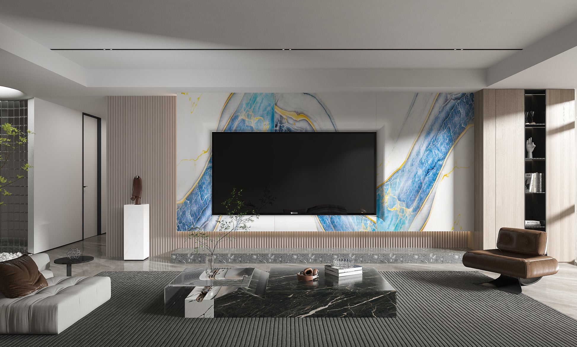 PVC 3D Marble Sheet Blue Drift. Wall Panels Hub. Living Room With PVC Marble Sheets Design