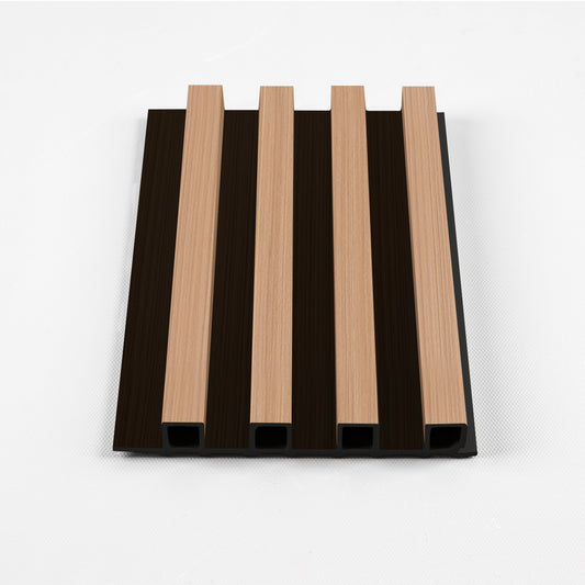 Luxe Noir WPC fluted 3D wall panel sample with natural wood slats on black base, modern decorative interior wall panel design