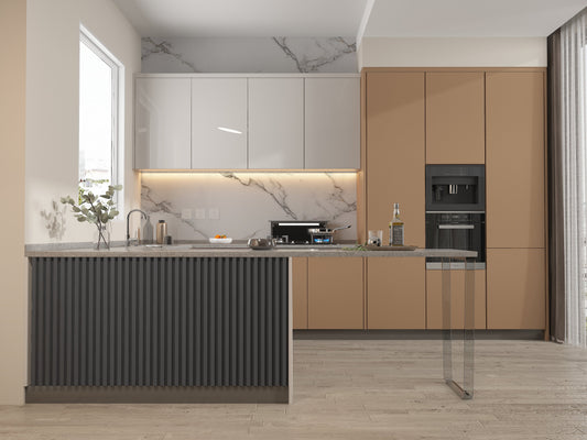 Modern kitchen interior featuring dark gray WPC fluted panel island with marble backsplash and sleek cabinetry