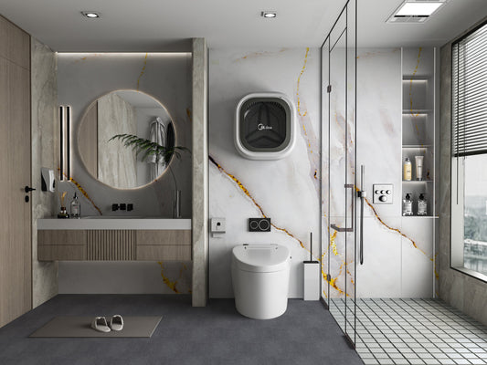 Modern bathroom interior with white PVC marble wall panels featuring delicate gold veining