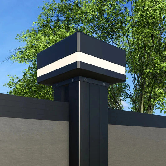LED fence post cap installed on aluminum composite fence post for modern outdoor lighting