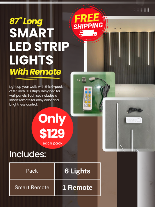 87-inch smart LED strip lights with remote control, 6-pack vertical wall accent lighting kit featuring slim LED bars, modern interior wall design, free shipping and $129 price display