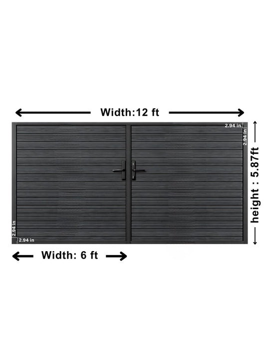 Dimension diagram for the 12x6 aluminum double fence gate, showing 12-foot width and 5.87-foot height
