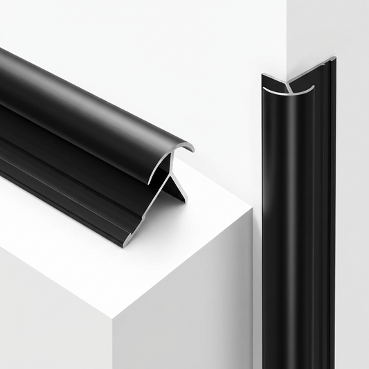 Black aluminum alloy round outside corner trim shown in profile and installed vertically on a white corner