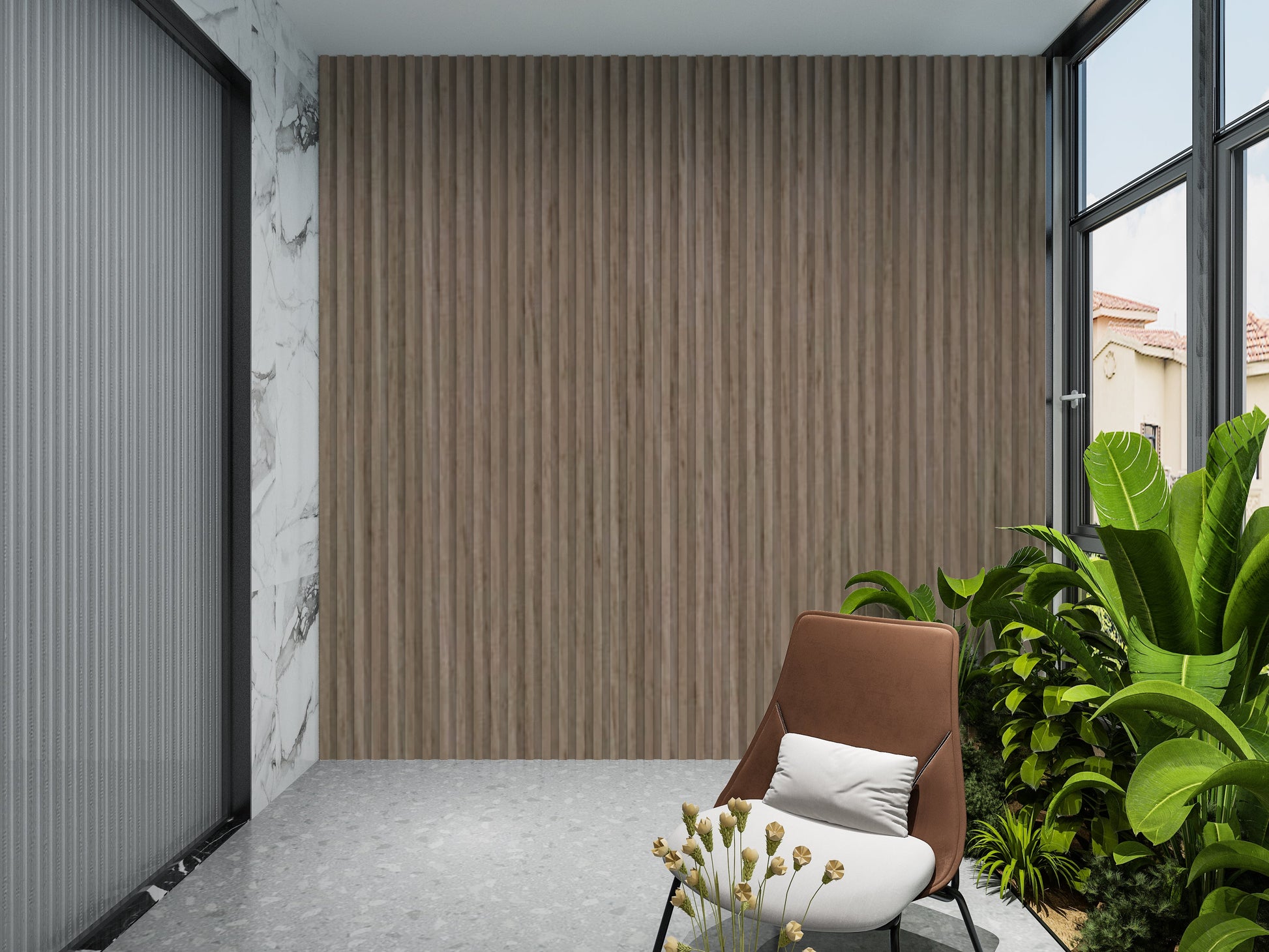 10-Pack Royal Oak WPC Fluted 3D Wall Panels Lobby Design
