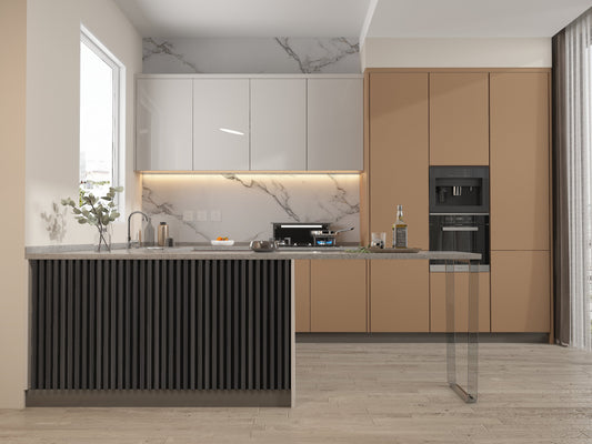 Carborn Gray WPC Fluted 3D Wall Panels. Wall Panels Hub. Kitchen Design From WPC Fluted Wall Panels