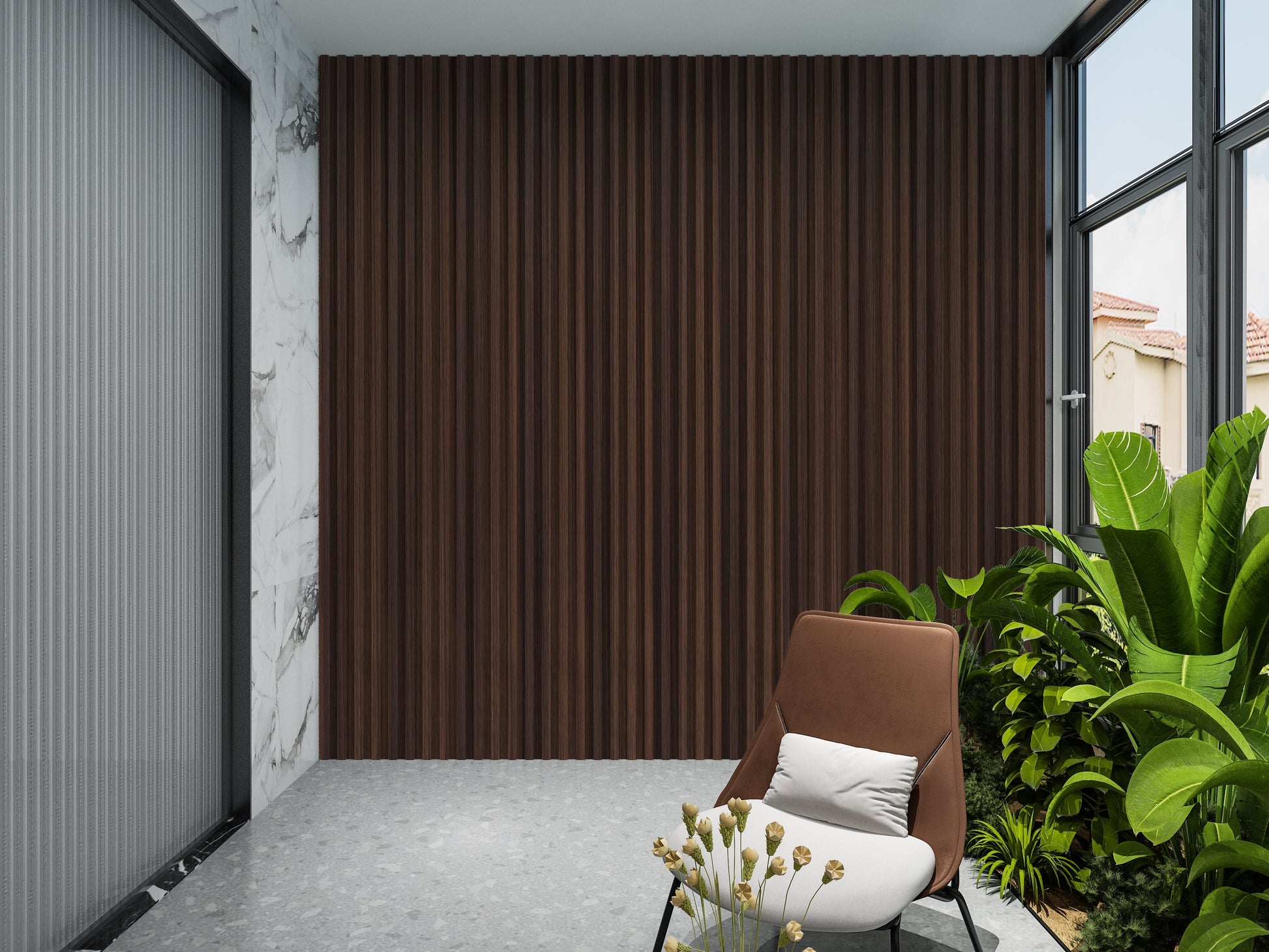 Dark Walnut WPC Fluted 3D Wall Panels. Wall Panels Hub. Balcony Design With WPC Fluted Wall Panels