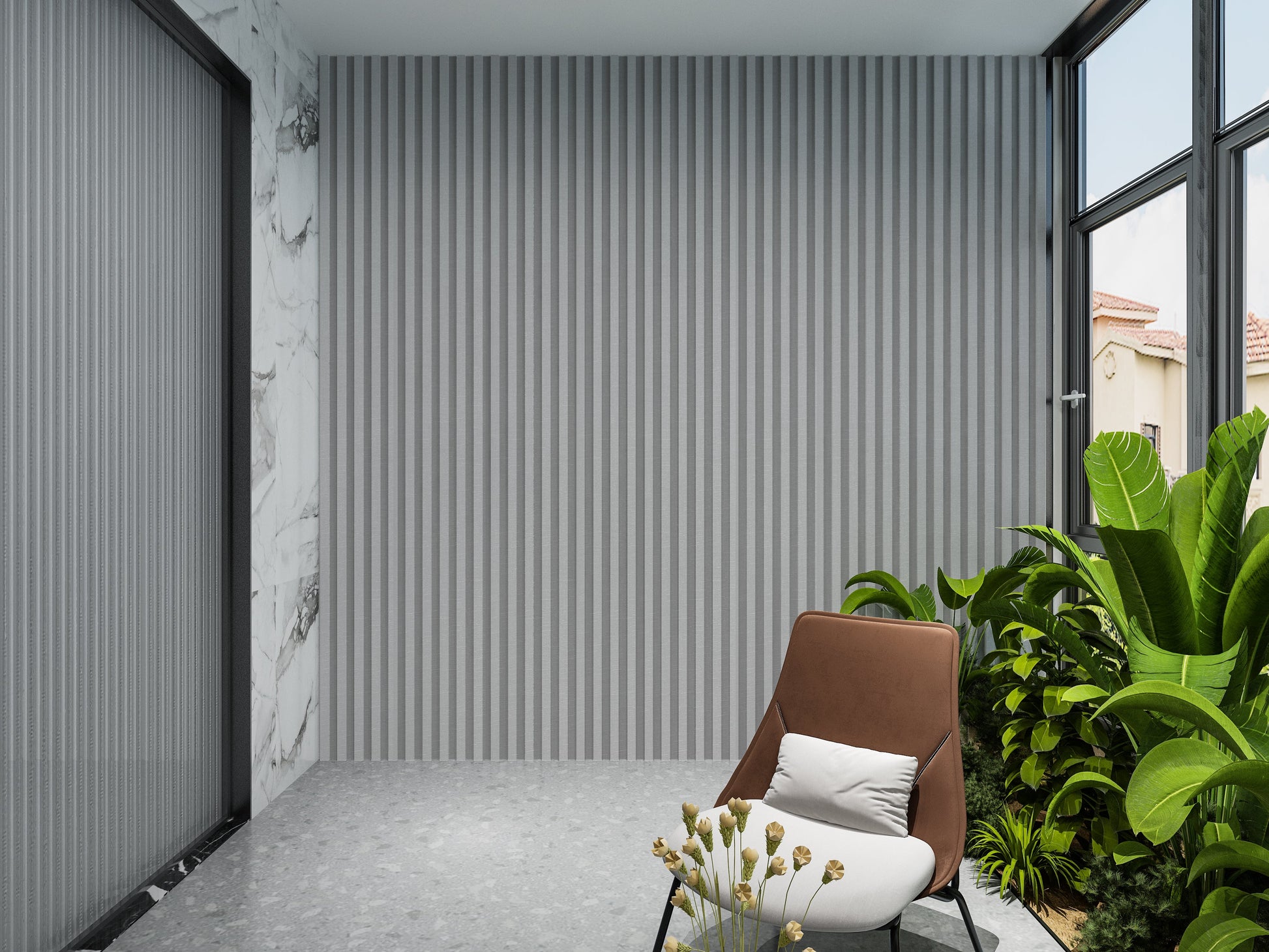 White linen WPC Fluted 3D Wall Panels. Wall Panels Hub. Balcony Design With WPC Fluted Wall Panels