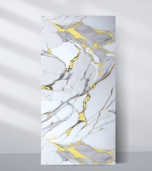 Silver gold marble PVC wall panel with white base and metallic gold veining, waterproof 4x8 ft decorative wall panel for modern interiors