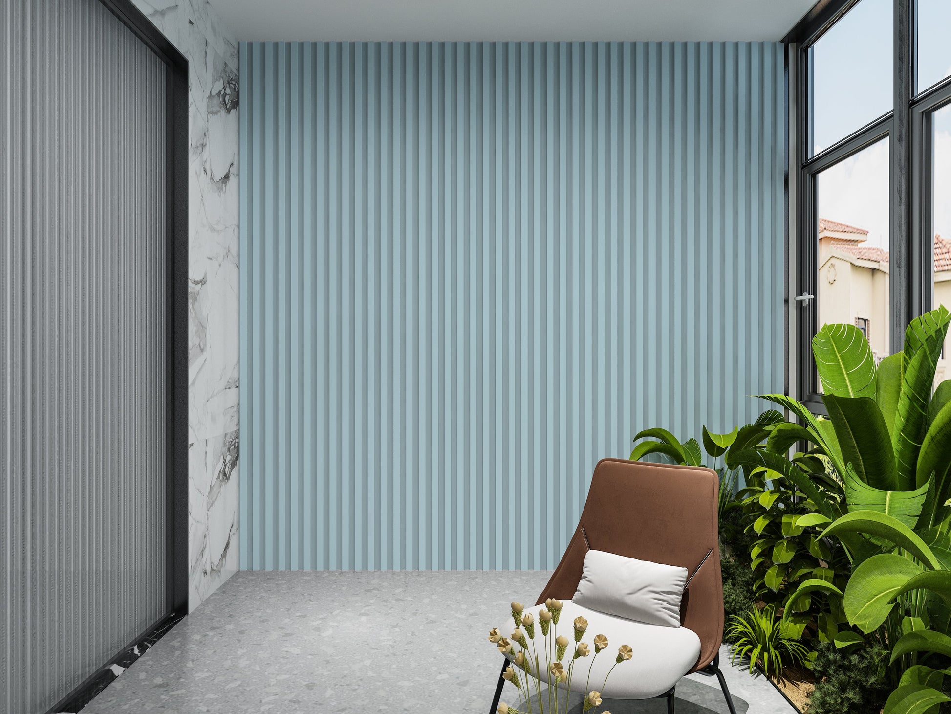 10-Pack Blue WPC Fluted 3D Wall Panels Lobby Wall Design