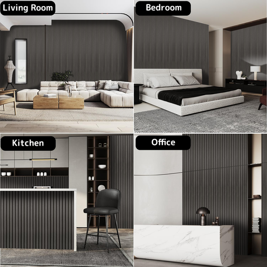 Black acoustic wood slat wall panels installed in living room, bedroom, kitchen, and office interiors