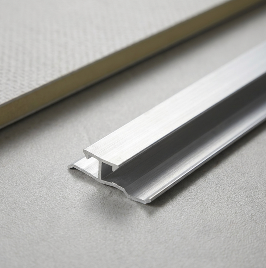 Close-up of the silver aluminum seamless trim connector showing its raised center profile and side flanges
