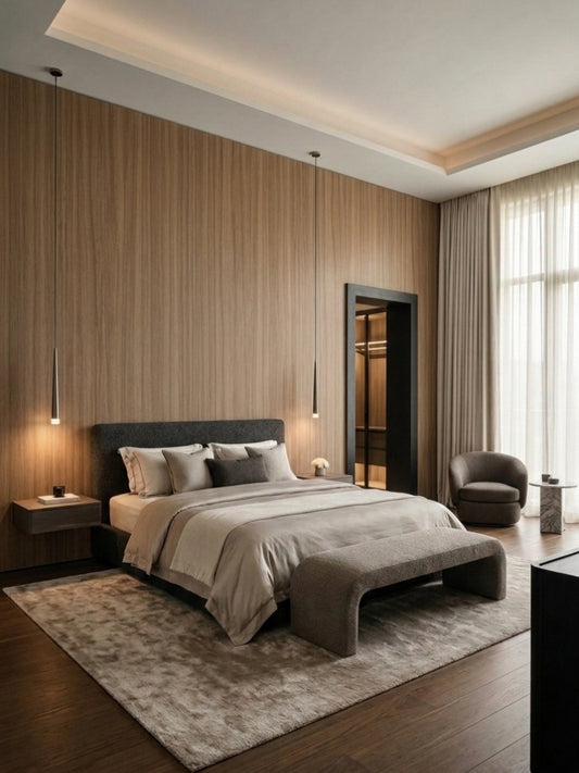 Ash wood veneer wall panels with vertical grain installed behind a modern upholstered bed