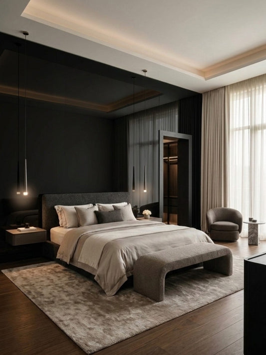 Black Mirror wood veneer panels creating a reflective dark feature wall in a modern bedroom