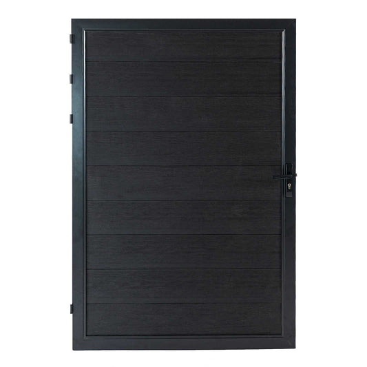 Black composite fence gate with horizontal wood grain and aluminum frame