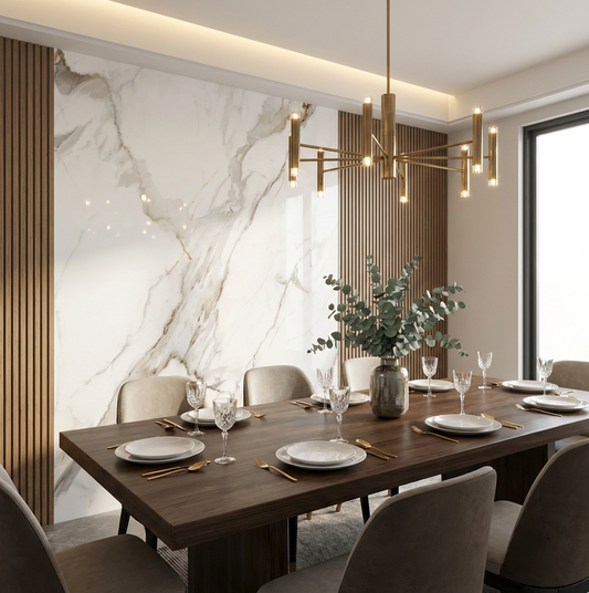 Amber Vein marble veneer panels installed as a seamless dining room feature wall framed by wood slats