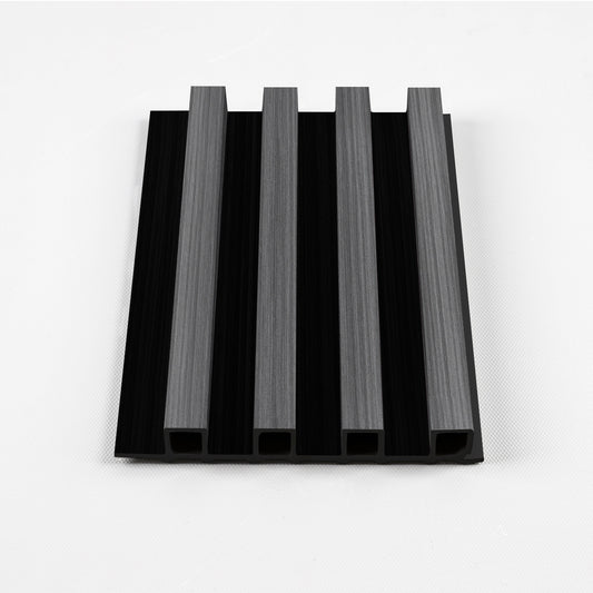 Black timber WPC fluted 3D wall panel with contrasting wood grain slats – product close-up