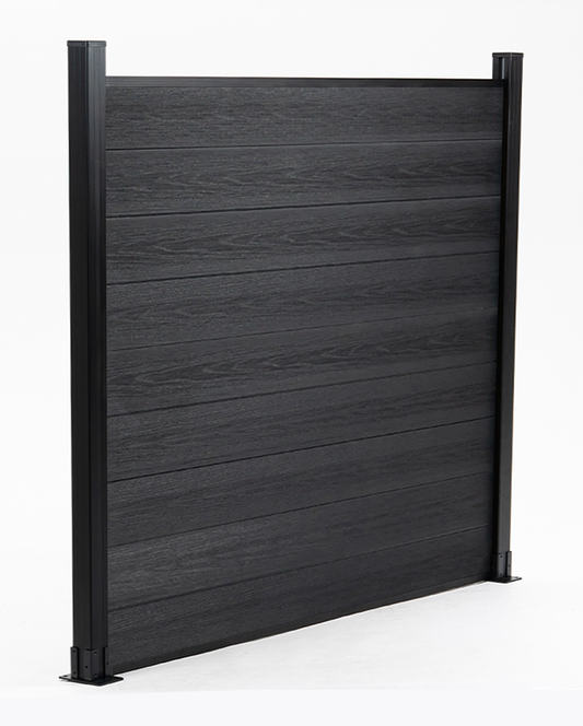 Black composite fence co-extrusion panel with modern wood-grain finish