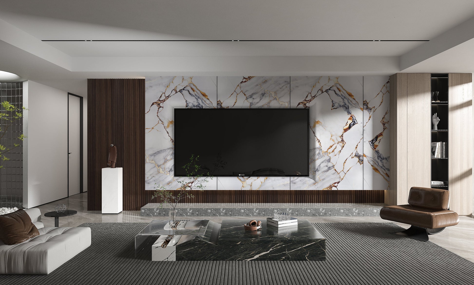PVC 3D Marble Sheet Covelano Luxe Gold. Wall Panels Hub. Living Room With PVC Marble Sheets Design