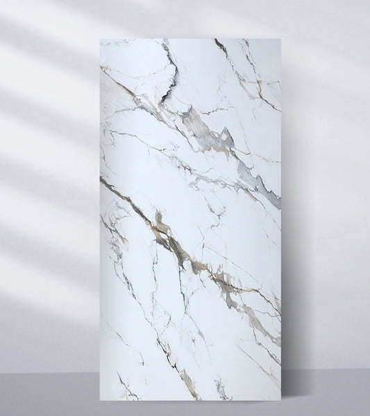 White marble PVC wall panel with soft gray veining, waterproof 4x8 ft