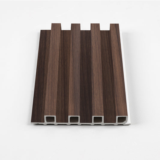 Dark smoky oak WPC fluted 3D wall panel with rich wood grain finish – product close-up