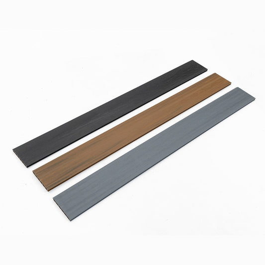 Composite wall panel trim strips in black walnut and gray finishes for modern interior wall edging
